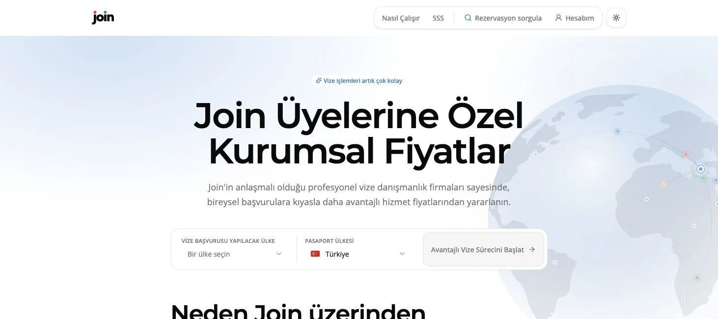 Join üyelerine özel kurumsal fiyatlar sunan canlı B2C vize platformunun ülke seçimi ve başvuru başlangıç ekranı